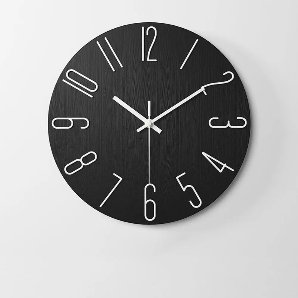 12-Inch Silent Wood Grain Wall Clock | 3D Numbers | 6 Colors Wall Clock Babs Black