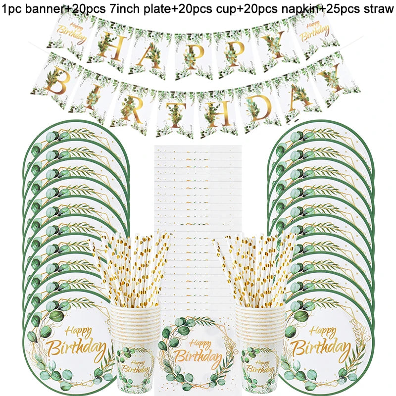 Eucalyptus Disposable Tableware Set – Paper Plates, Cups & Napkins Disposable Tableware Set Babs 85pcs with 1banner