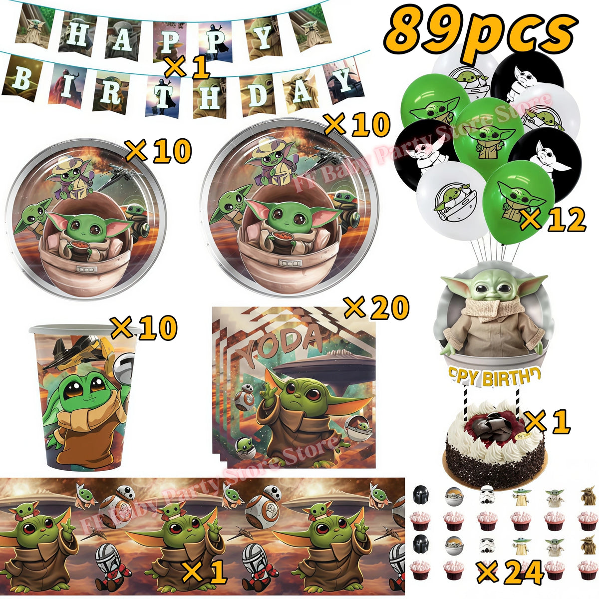 Yoda Baby Theme Birthday Party Supplies – Plates, Cups & Balloons Party Decoration Set Babs 89pcs 1