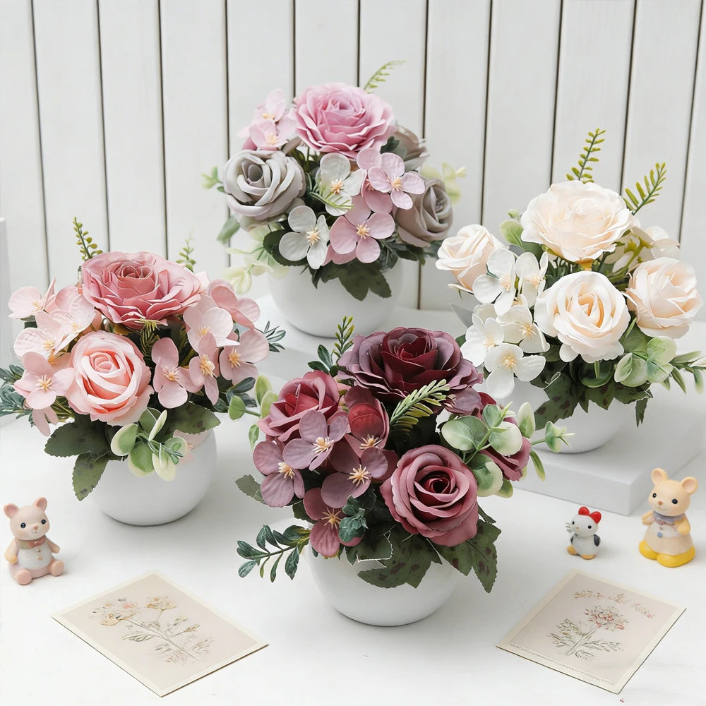Silk Rose Hydrangea Bonsai – 6-Head Artificial Flower Décor Artificial Flower Bonsai Babs