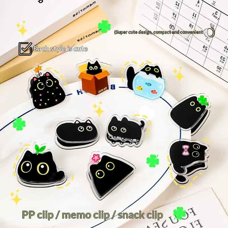 9-Piece Cute Black Cat Acrylic Paper Clips | Kawaii Stationery Acrylic Paper Clips Babs