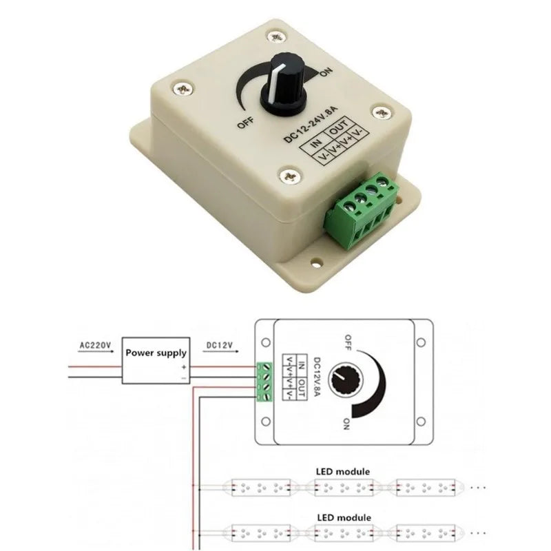 DC 12V–24V LED Dimmer 8A Knob Voltage Regulator Controller LED Dimmer Controller Babs