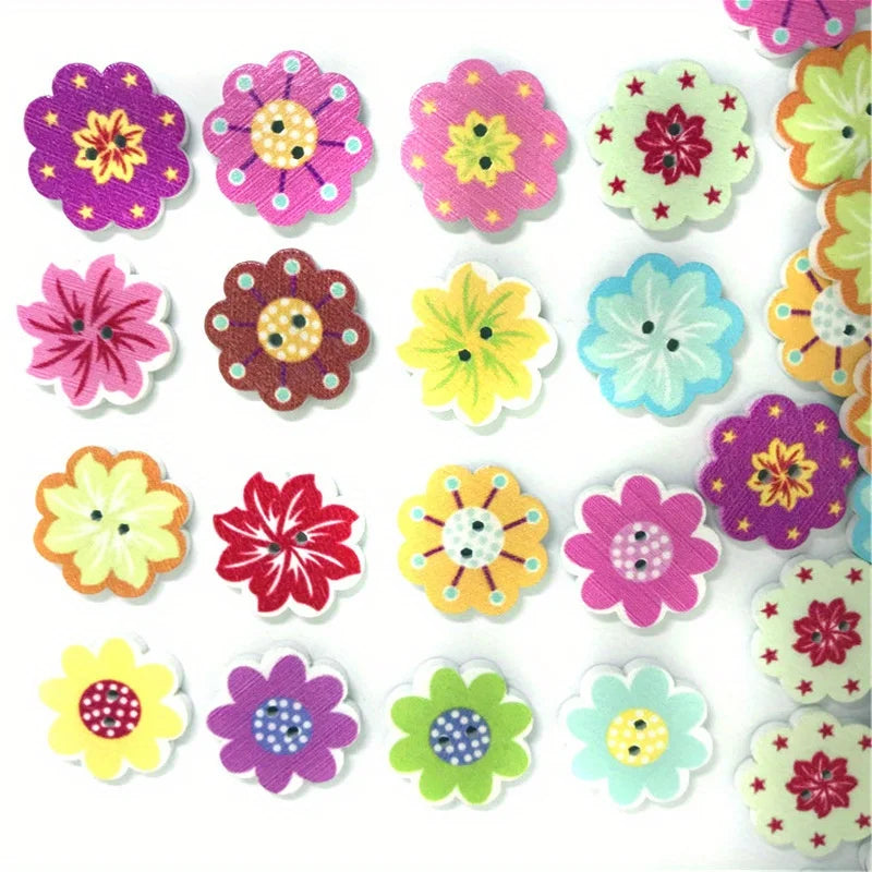 100pcs Painted Flower Wood Buttons – Mixed Colors for Crafts Wooden Craft Buttons Babs