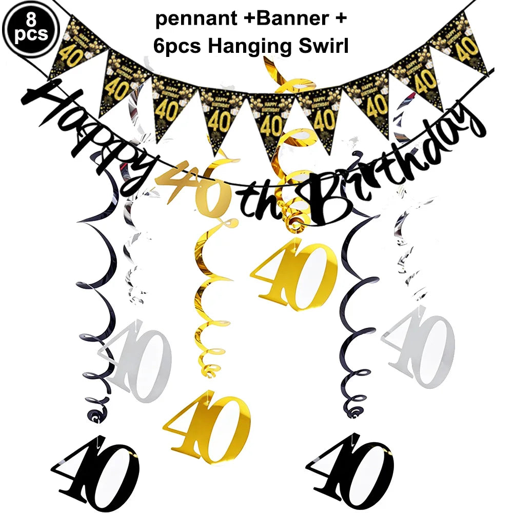 40th Birthday Party Decorations – Black & Gold Tableware Set Birthday Party Set Babs WHITE