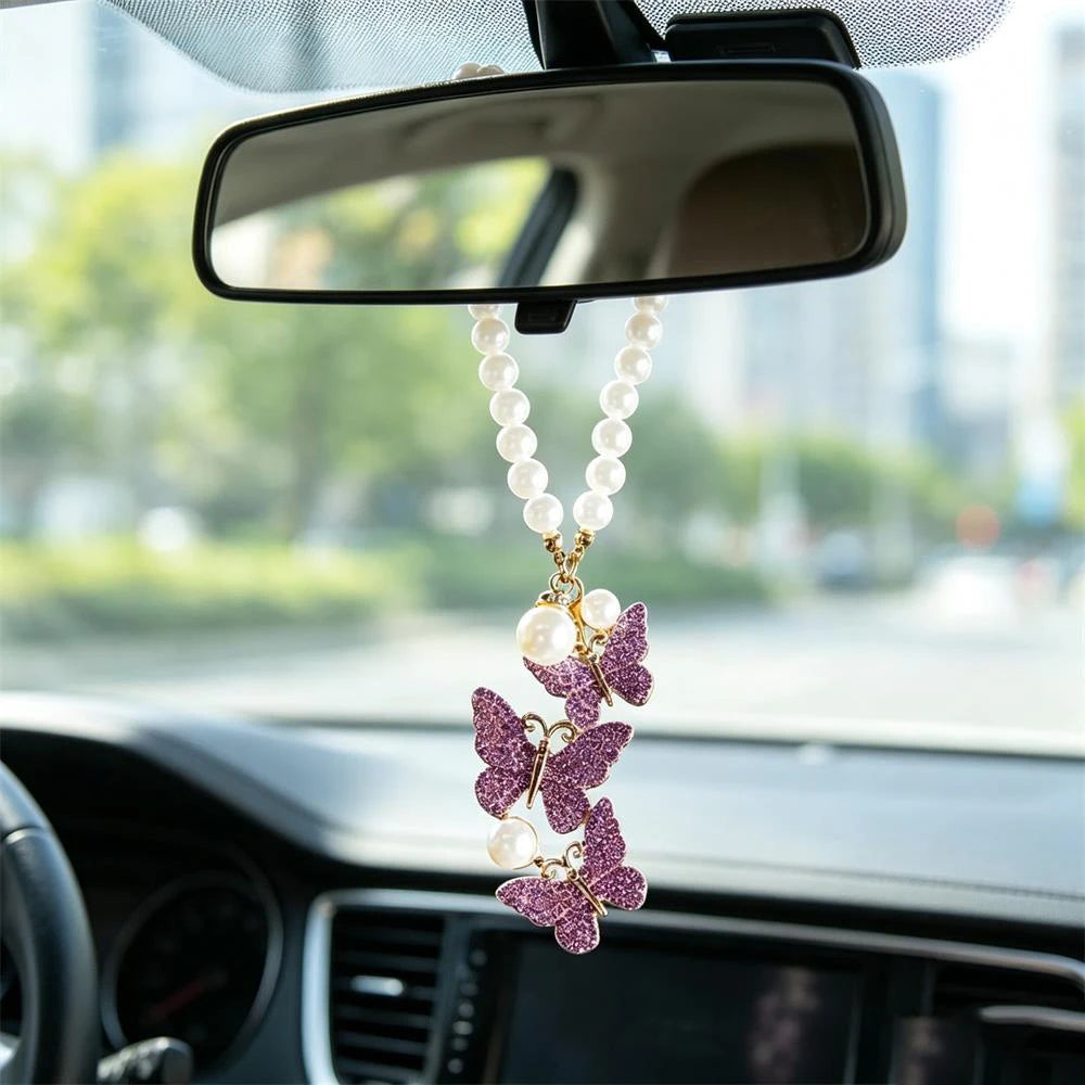 Pearl Butterfly Car Pendant – Rhinestone Alloy Rearview Charm Car Interior Pendant Babs