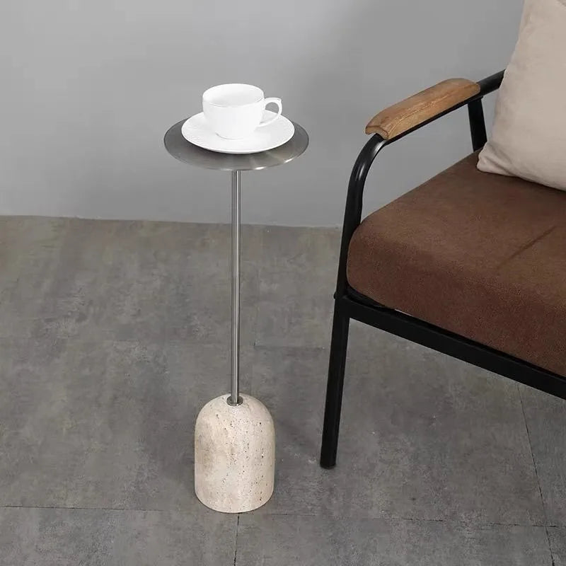 Modern Round Travertine & Stainless Steel Side Table | 60CM Side Table Babs