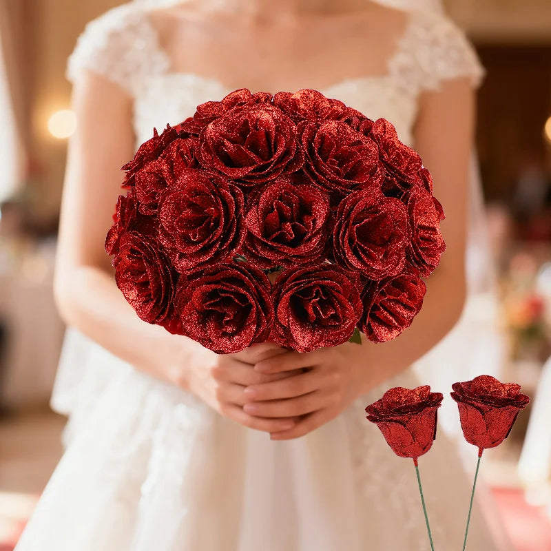 10Pcs Glitter Red Rose Artificial Bouquet – Wedding & Party Decor Artificial Flower Bouquet Babs