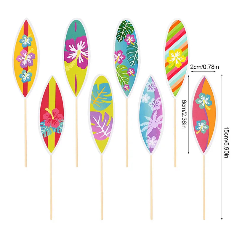 Hawaiian Surfboard Cupcake Toppers – Luau Party Decor (8/16 Pc) Cupcake Toppers Babs