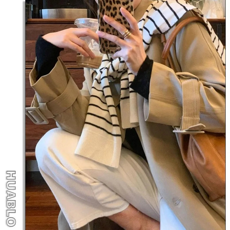 Korean Striped Knit Shawl Cape Scarf – Fake Collar, Unisex Knit Shawl Cape Babs