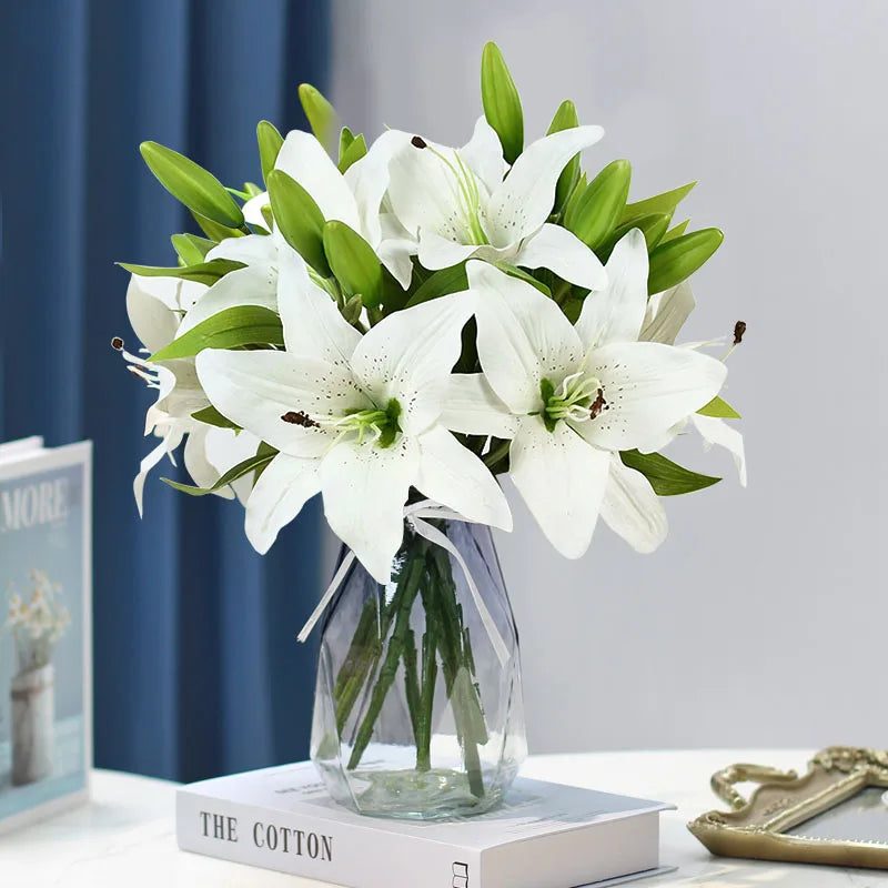 5Pcs White Lily Artificial Flowers 38cm Real Touch Bouquet Artificial Flower Stems Babs