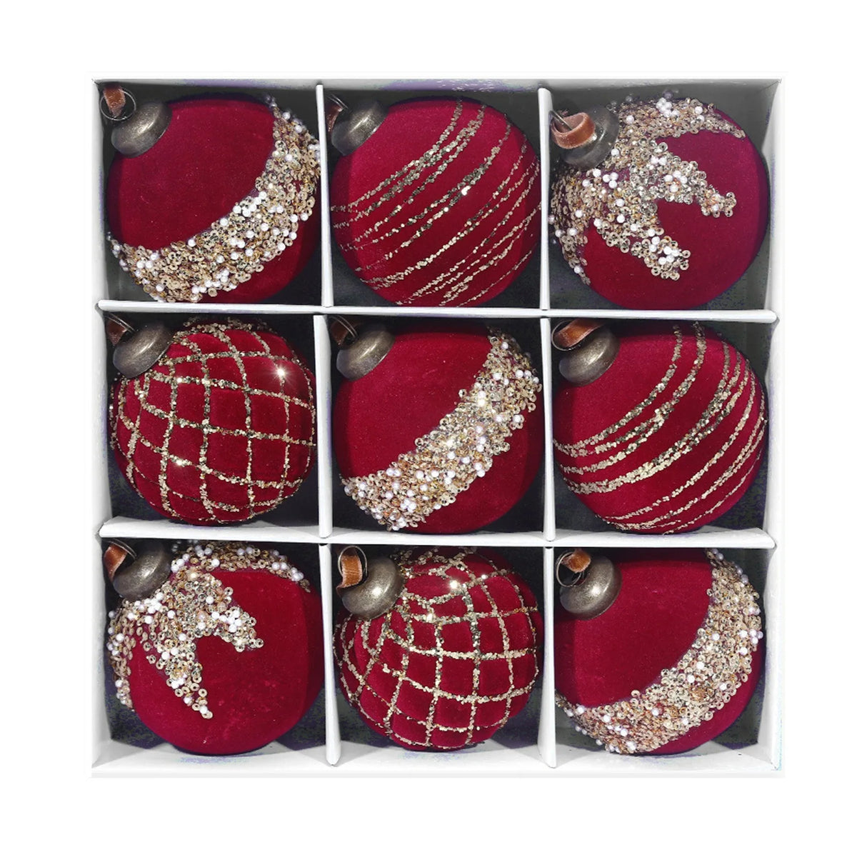 9-Piece Flocked Green Velvet Christmas Ball Ornaments 80MM Set Christmas Ornaments Set Babs 8cm Wine