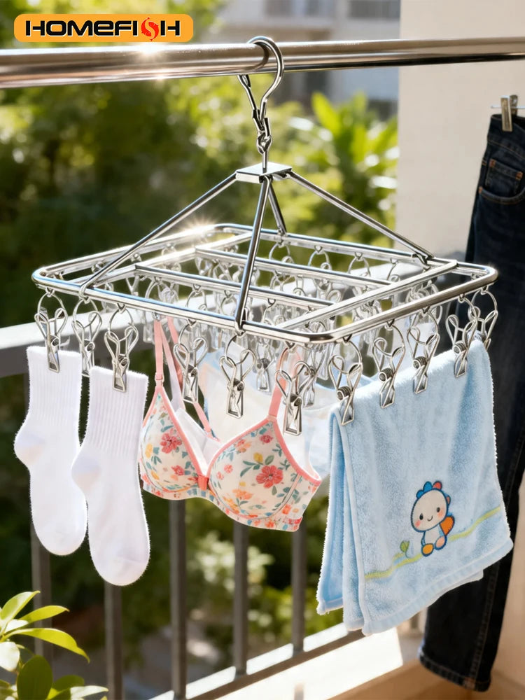 Stainless Steel Windproof Clothes Drying Rack – Multi-Hook Clothes Drying Rack Babs