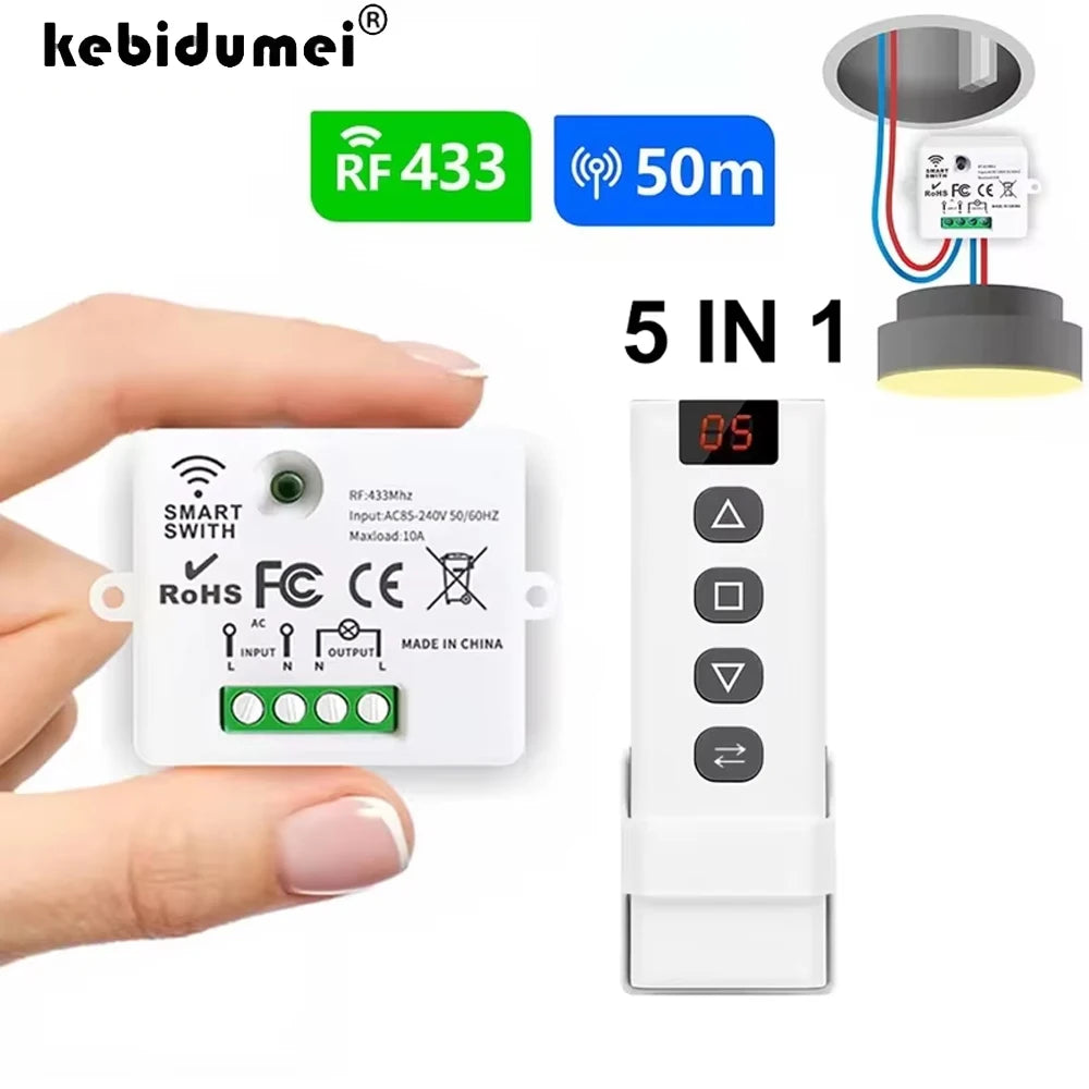 KEBIDUMEI 433MHz 5-in-1 RF Remote Control Switch AC 110V 220V RF Remote Control Switch Babs