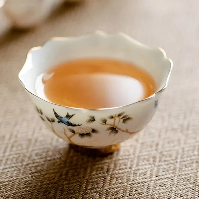 Hand Painted Magpie Blossom Ceramic Tea Cup | Gold Trim Ceramic Tea Cup Babs