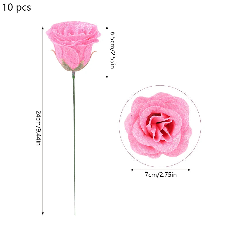 10Pcs Glitter Red Rose Artificial Bouquet – Wedding & Party Decor Artificial Flower Bouquet Babs Pink