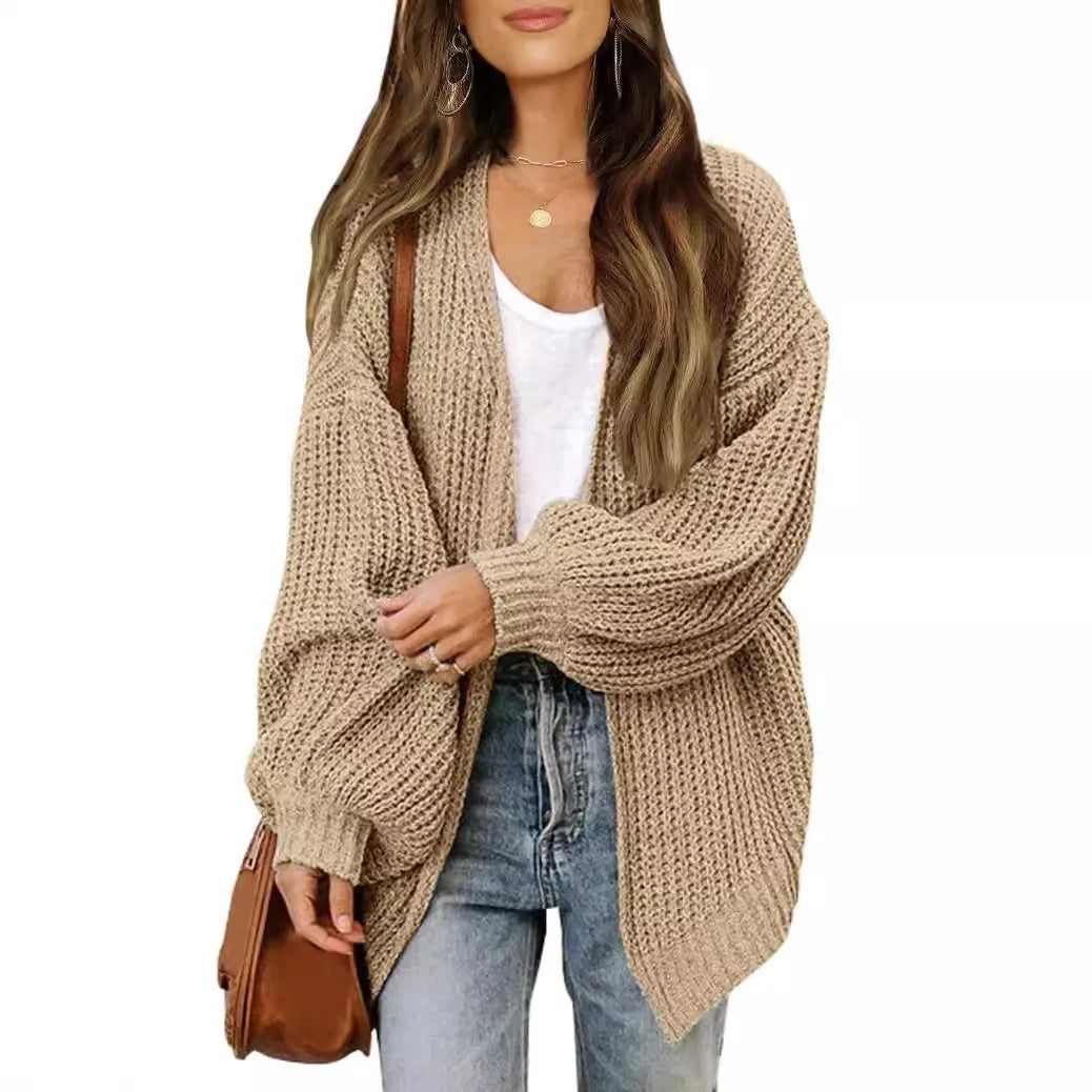 Women's Lantern Sleeve Thick-Knit Cardigan – Loose V-Neck Coat Knit Cardigan Sweater Babs XXL Khaki