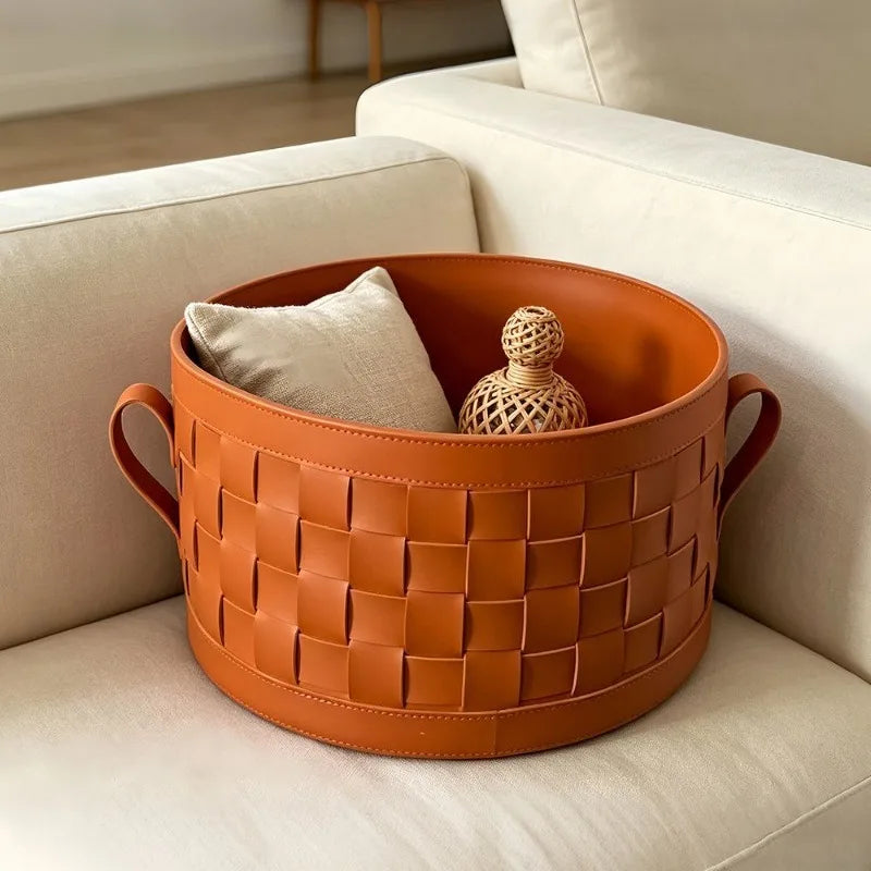 Luxury Leather Woven Storage Basket with Lid | Bedroom Organizer Storage Basket Babs