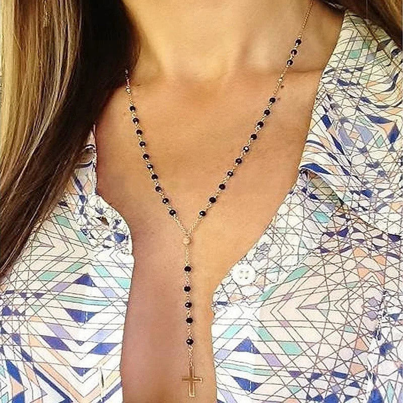 Handmade Rosary Beads Cross Pendant Necklace – Women's Gift Pendant Necklace Babs