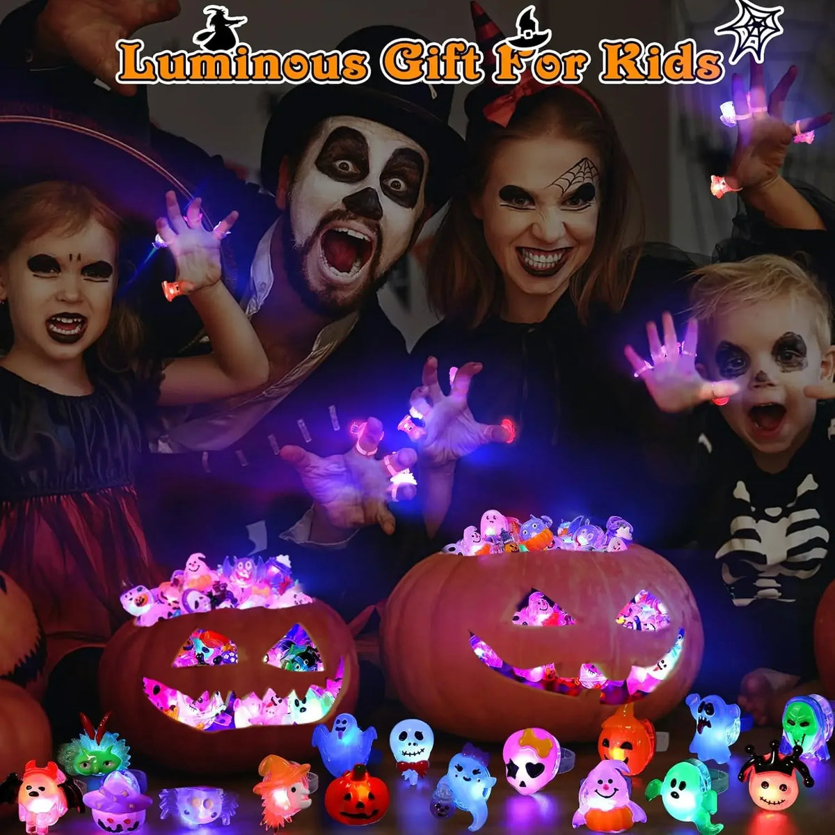 Halloween LED Glowing Pumpkin Ghost Rings – Kids Party Favors LED Party Rings Babs