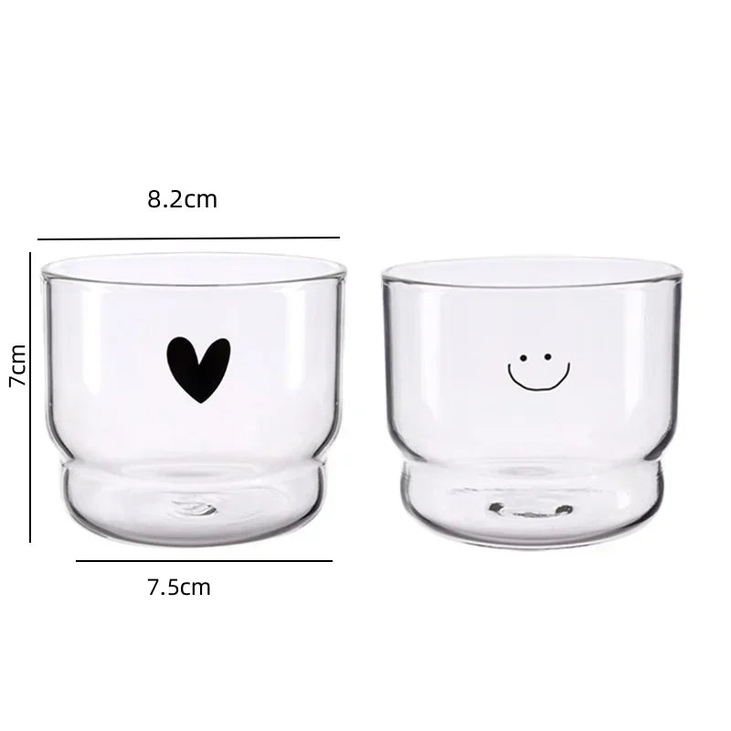 Cartoon Borosilicate Glass Cup – Cute Heart & Smile Print Glass Drinking Cup Babs