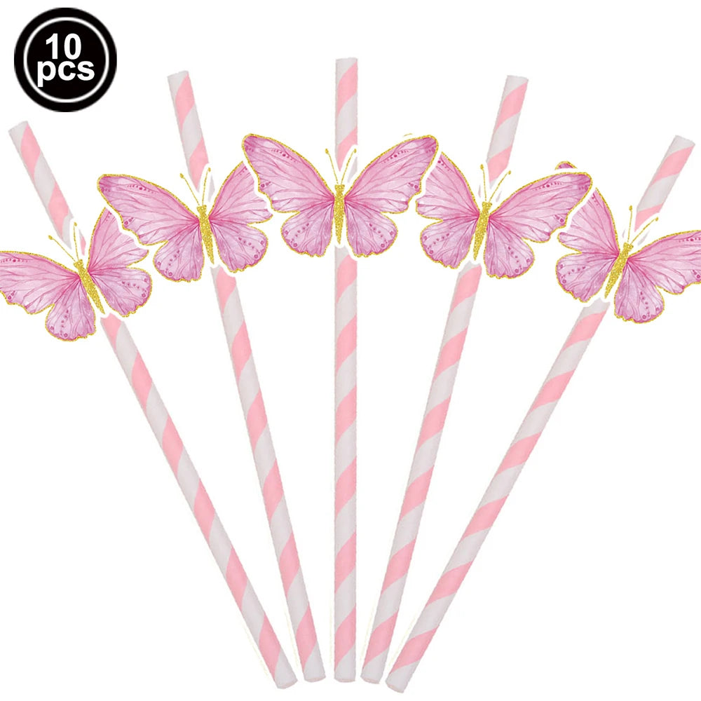Butterfly Party Supplies Set – Plates, Cups & Foil Balloons Party Tableware Set Babs 10pcs straw As pictures show