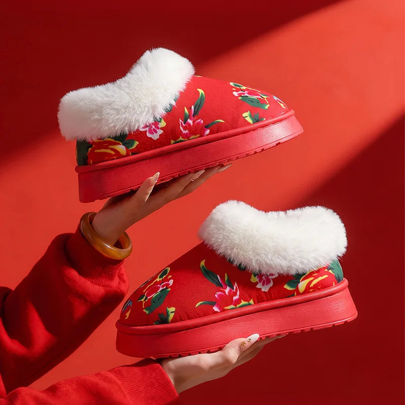 Chinese Floral Fleece-Lined Slippers – Warm Non-Slip Winter Fleece-Lined Slippers Babs