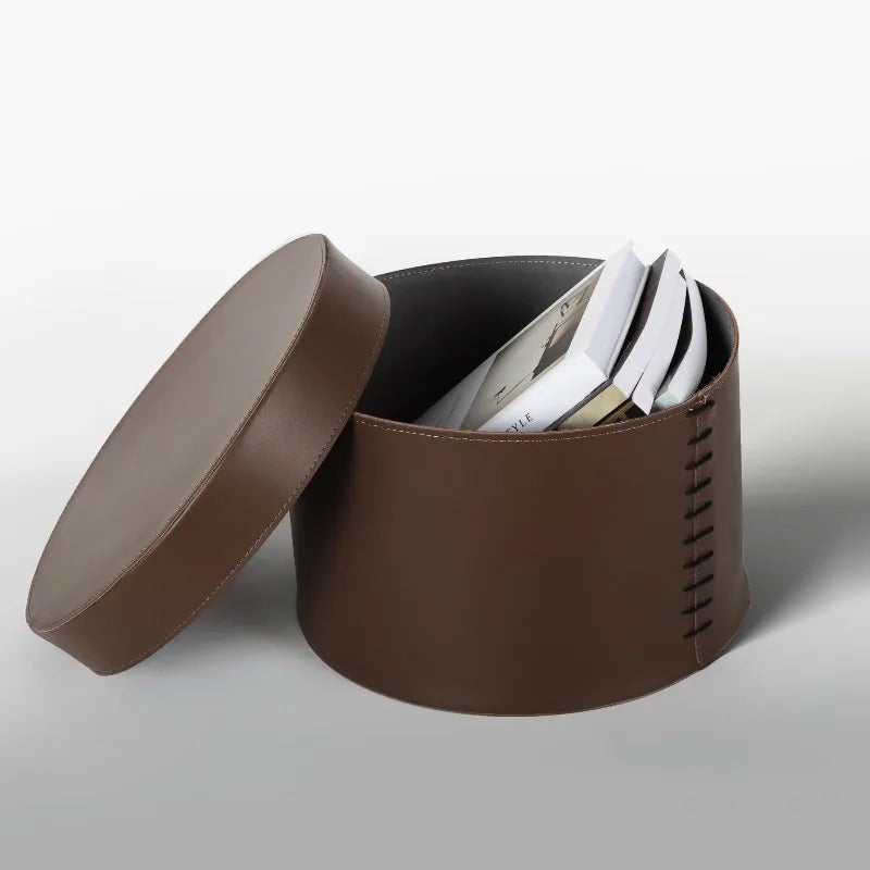 Luxury Round Leather Storage Box with Lid | Minimalist Organizer Leather Storage Box Babs