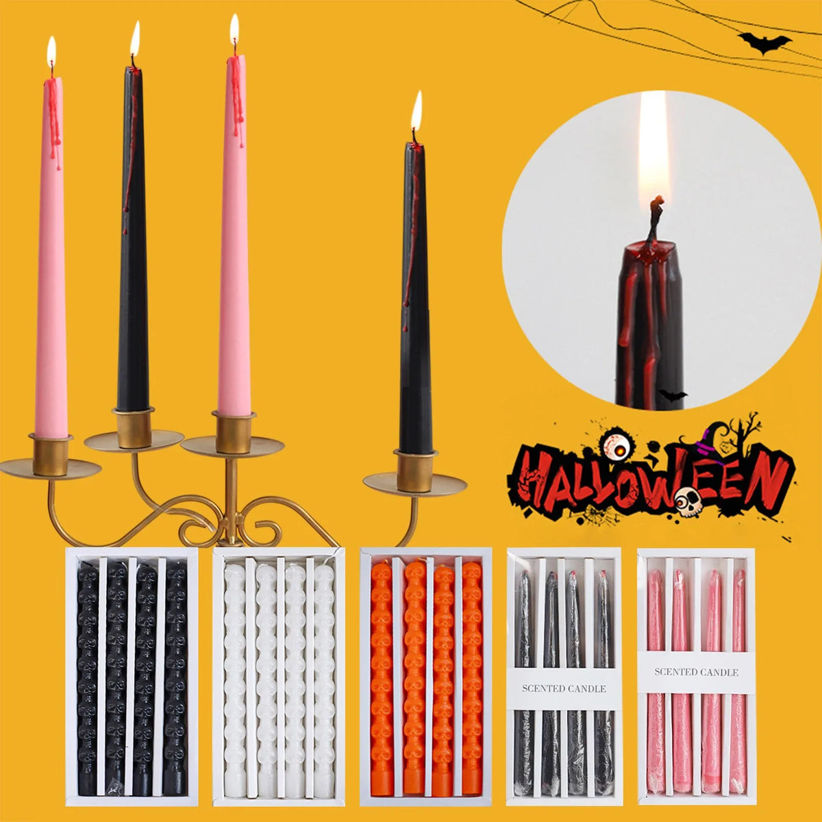 4-Pack Gothic Dripping Taper Candles – Halloween Party Décor Gothic Taper Candles Babs