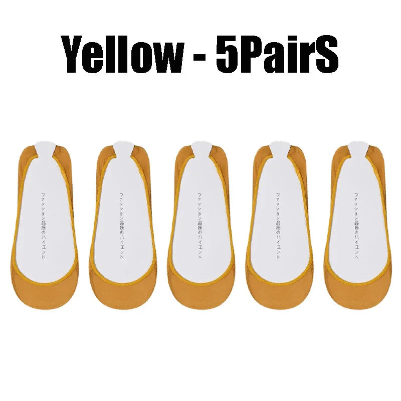 Women's Invisible No-Show Socks – Ice Silk Silicone Non-Slip No-Show Boat Socks Babs Yellow- 5PairS 1XL