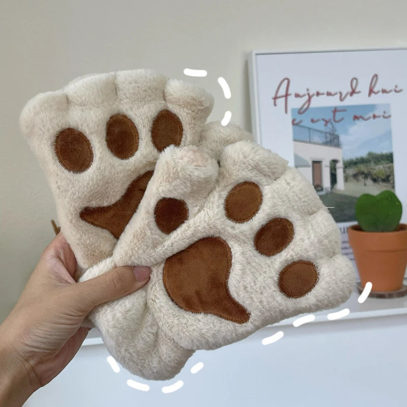Plush Cat Paw Gloves – Fluffy Fingerless Mittens for Women Fingerless Plush Gloves Babs