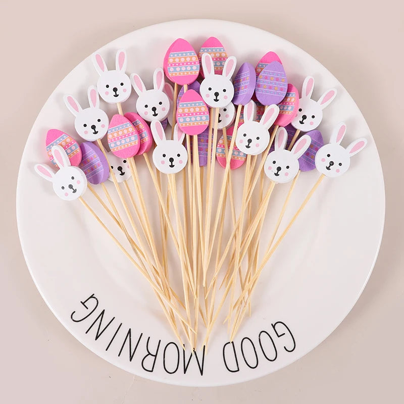 100pcs Easter Bamboo Food Picks Rabbit Egg Cupcake Skewers Disposable Food Picks Babs A