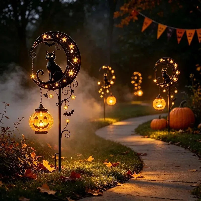 Solar Halloween Stake Lights – Black Cat & Pumpkin Moon Garden Solar Garden Stake Light Babs