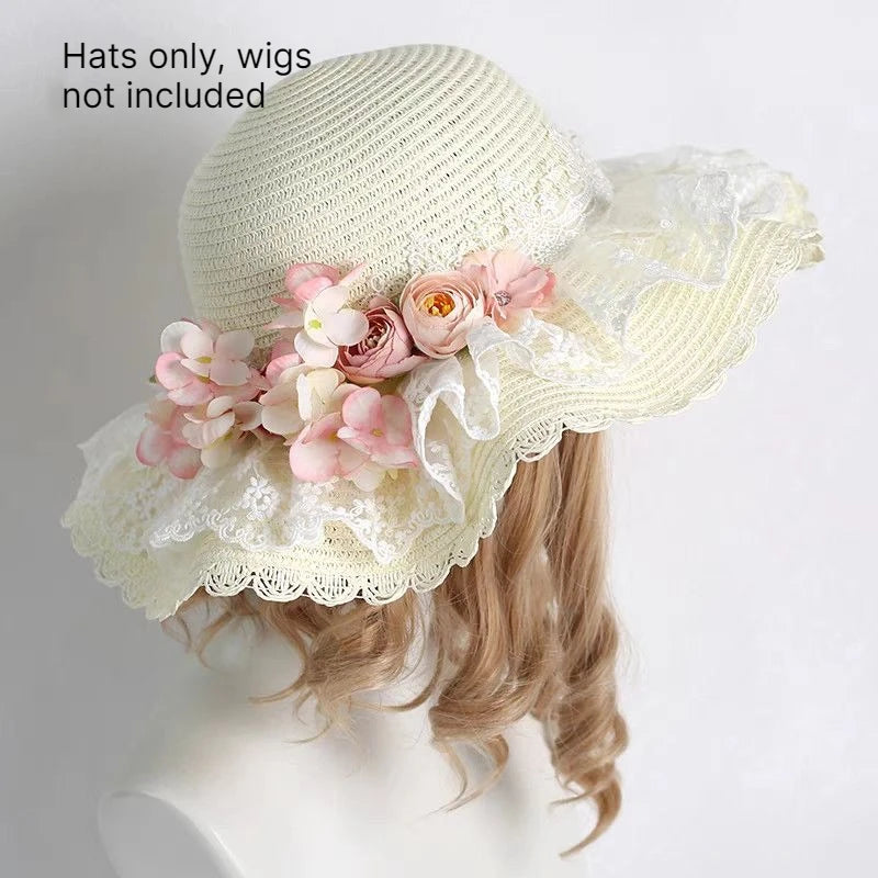 Lolita Straw Sun Hat Lace Ruffle Hydrangea Floral Beach Visor Straw Sun Hat Babs pink
