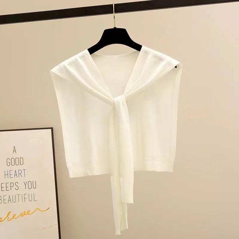 Korean Striped Knit Shawl Cape Scarf – Fake Collar, Unisex Knit Shawl Cape Babs White 10PCS