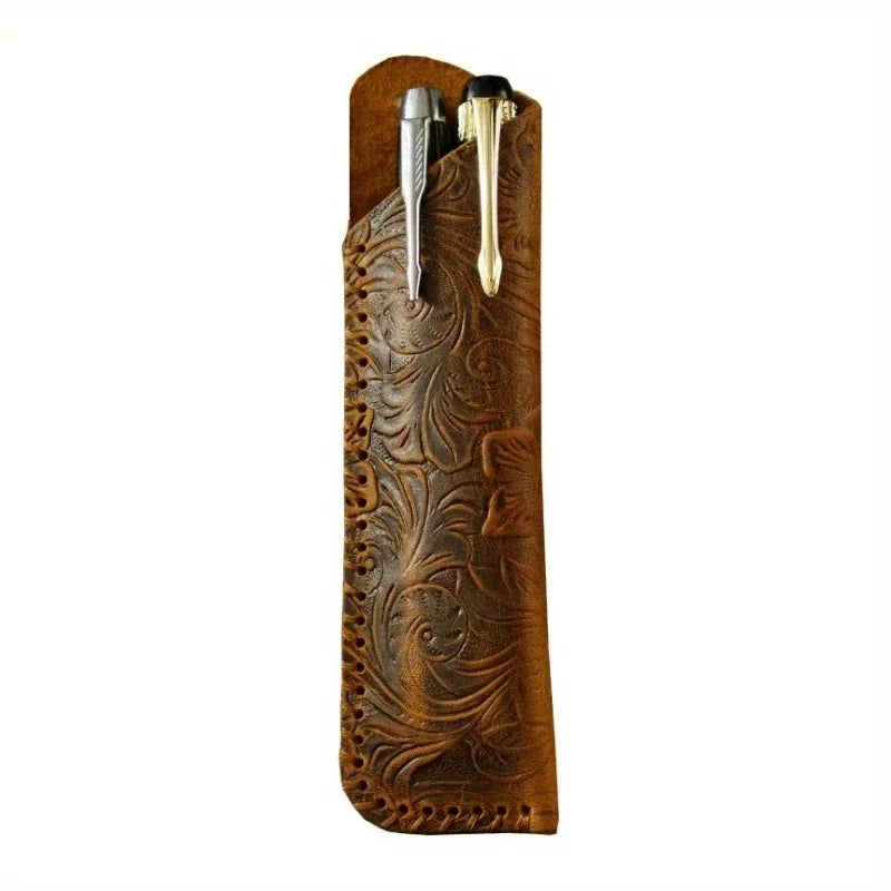 Genuine Leather Pen Pouch – Embossed Floral Cowhide Case Leather Pen Pouch Babs