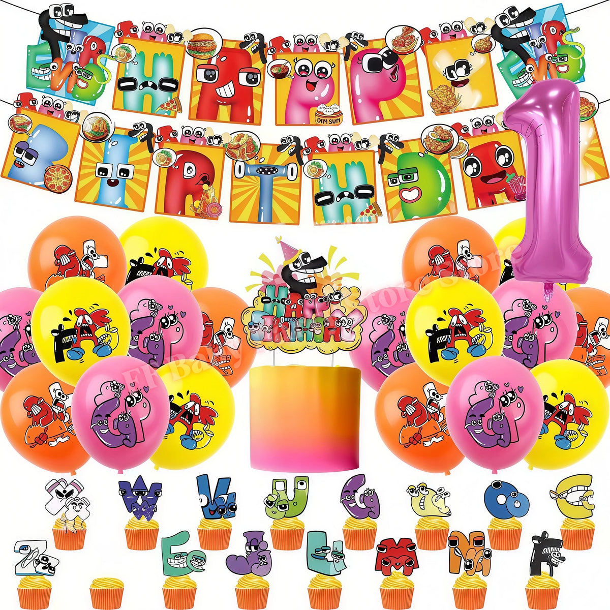 Alphabet Lore Birthday Party Supplies – Balloons & Backdrop Set Party Decoration Set Babs 1set-Number 1 12inch