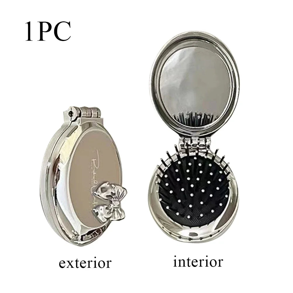 Folding Pocket Mirror & Hair Comb – Portable Travel Accessory Folding Mirror Comb Babs silver bowknot