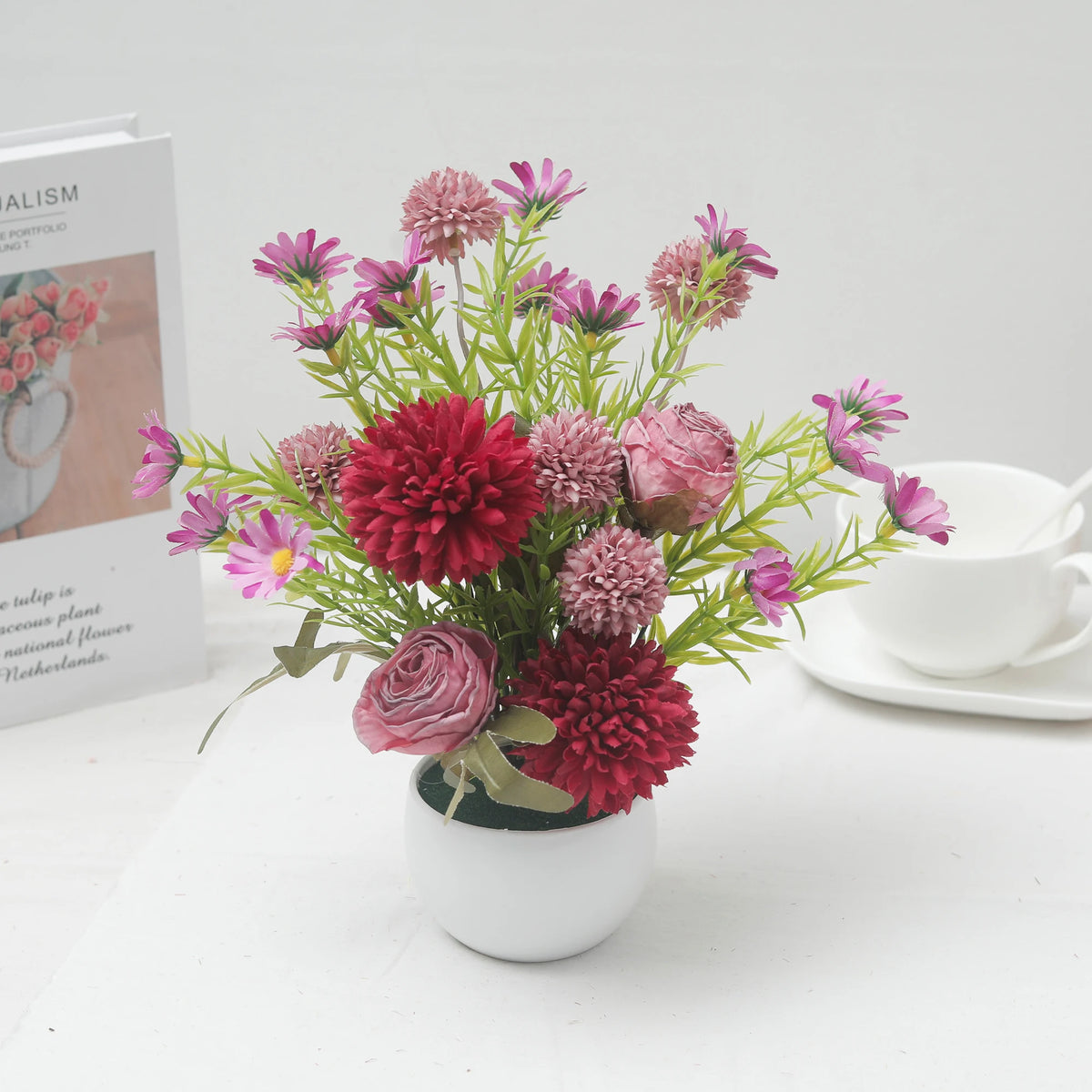 Silk Artificial Potted Flowers – Rose Daisy Dandelion Bonsai Artificial Potted Flowers Babs Red