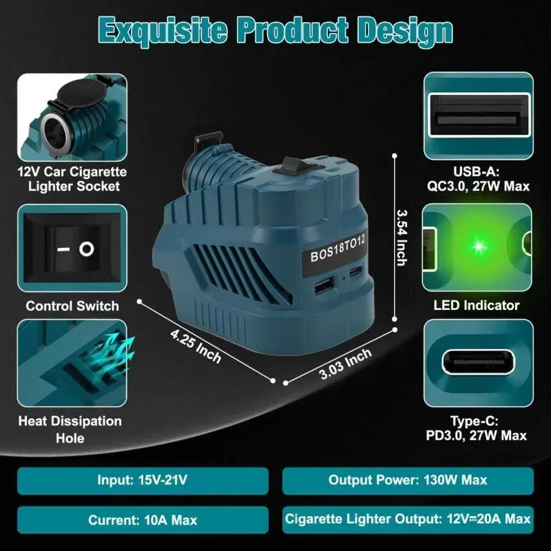 Bosch GBA 18V to 12V Converter Adapter – USB, Type-C & DC Battery Power Adapter Babs