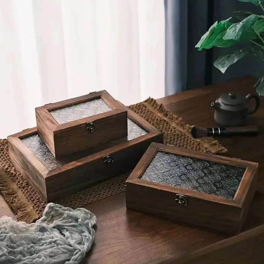 Nordic Retro Solid Wood Begonia Flower Glass Hinged Storage Box Decorative Storage Box Babs