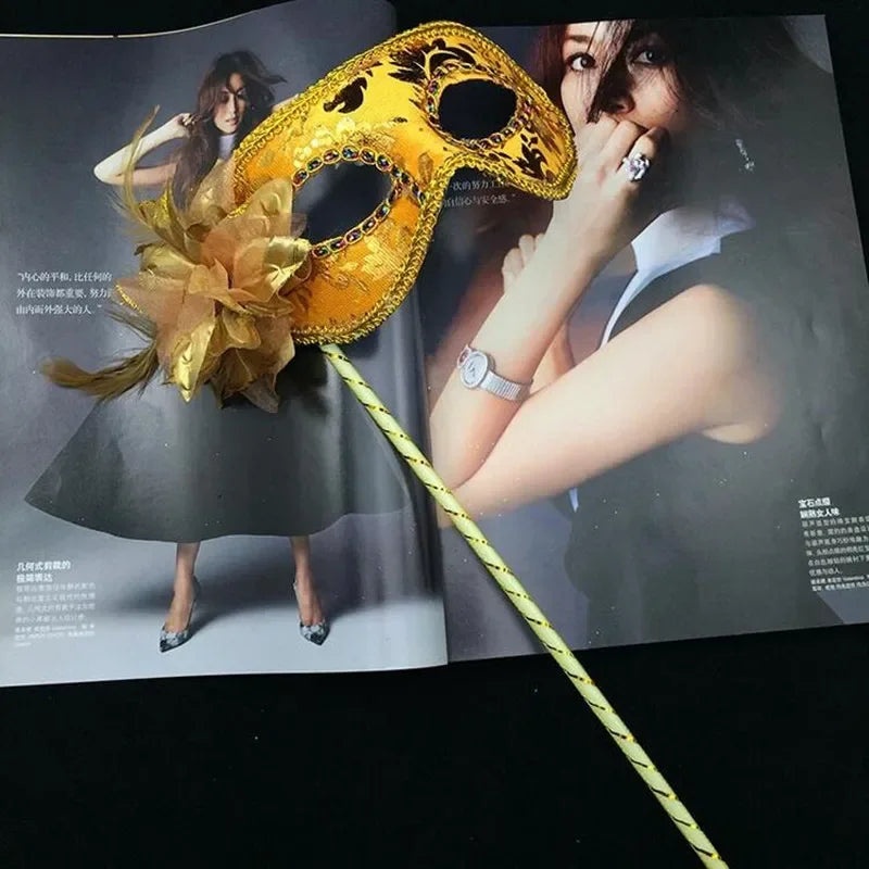 Handheld Feather Masquerade Mask on Stick – 10 Pack for Women Masquerade Mask Babs gold1