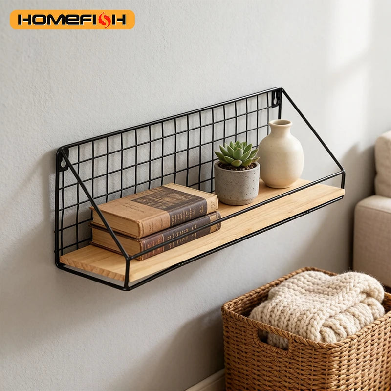 Wall Mounted Iron & Wood Floating Storage Shelf | Space Saving Floating Wall Shelf Babs