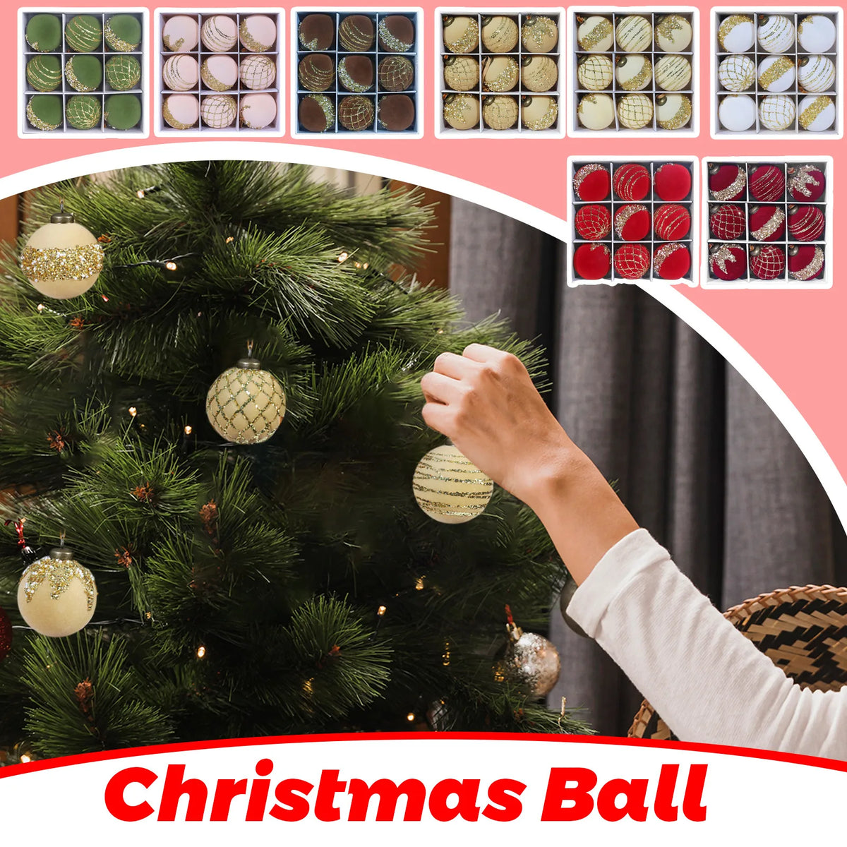 9-Piece Flocked Green Velvet Christmas Ball Ornaments 80MM Set Christmas Ornaments Set Babs