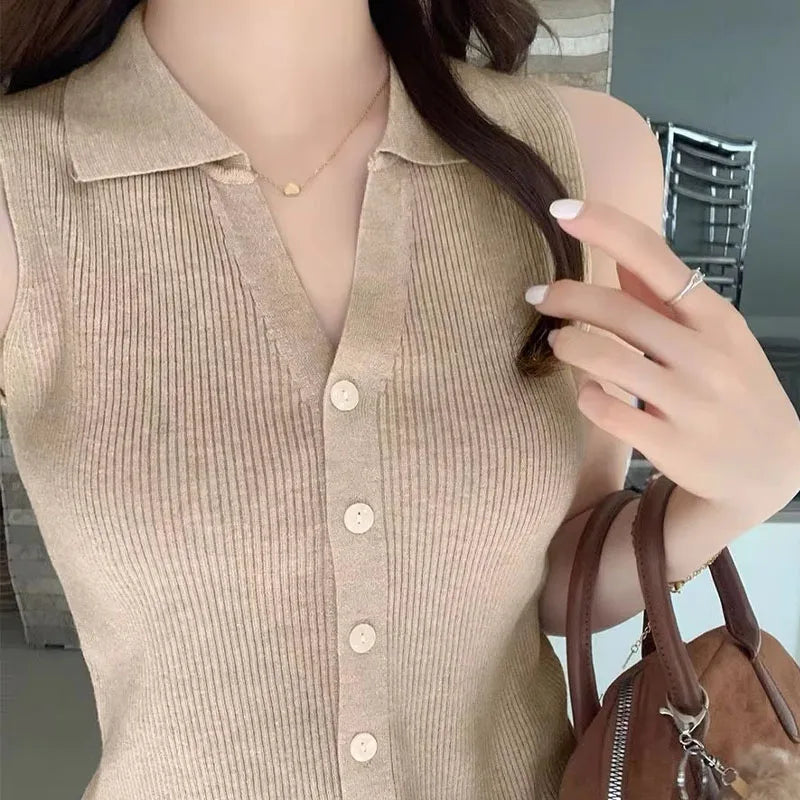 Women's Polo Collar Knit Vest – Slim Fit Sleeveless Button-Up Knit Vest Top Babs