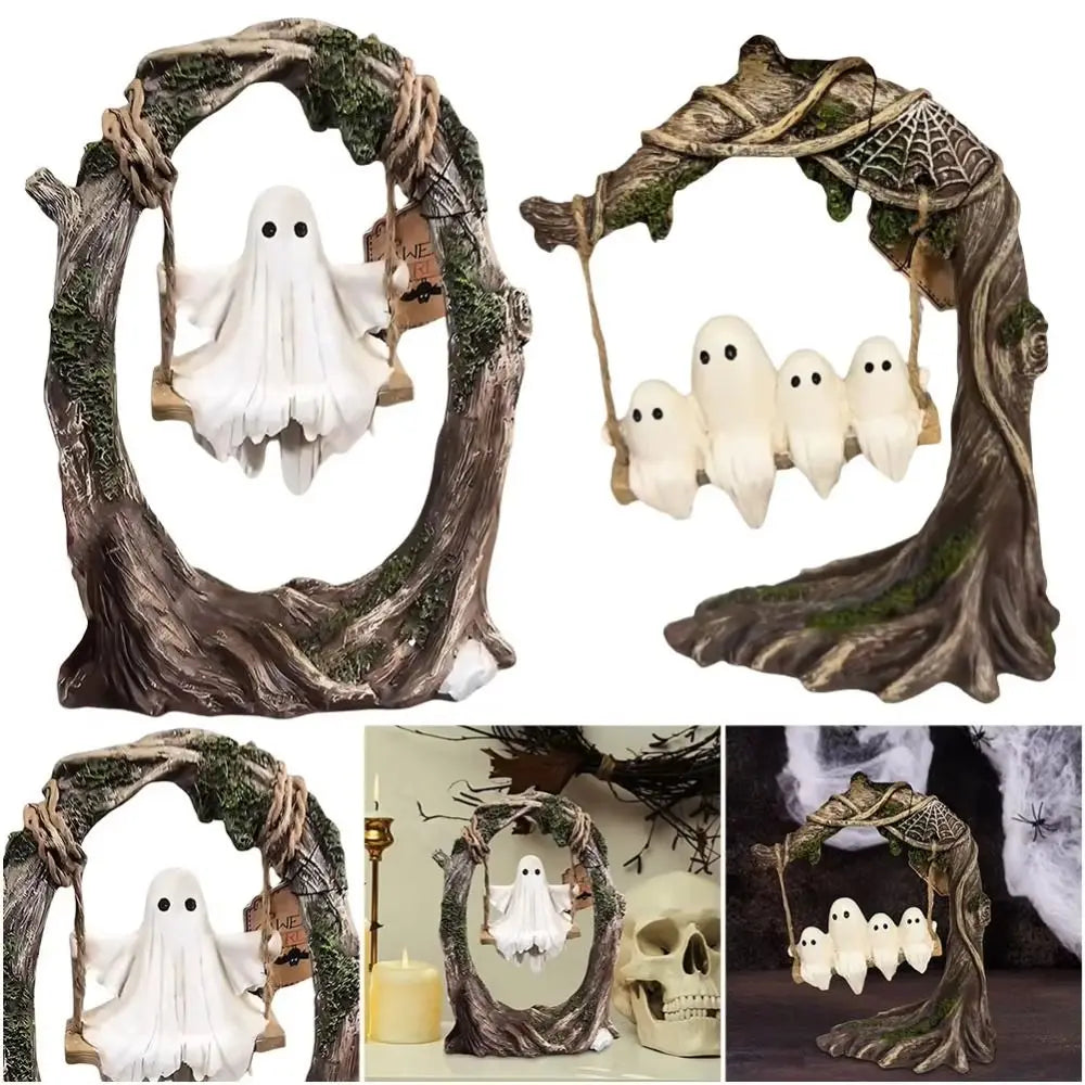 Halloween Swing Ghost Ornament – Resin Spooky Figurine Decor Halloween Figurine Babs