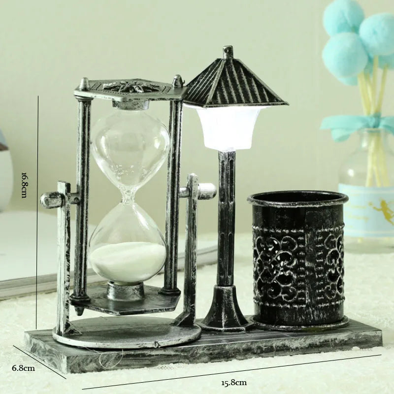 Antique Street Lamp Hourglass Pen Holder & Night Light Decorative Hourglass Babs Silver white