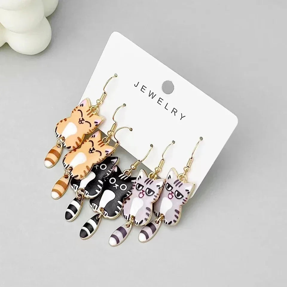 Cute Cat Dangle Earrings Set – 3 Pairs Enamel Gold Alloy Dangle Earrings Set Babs