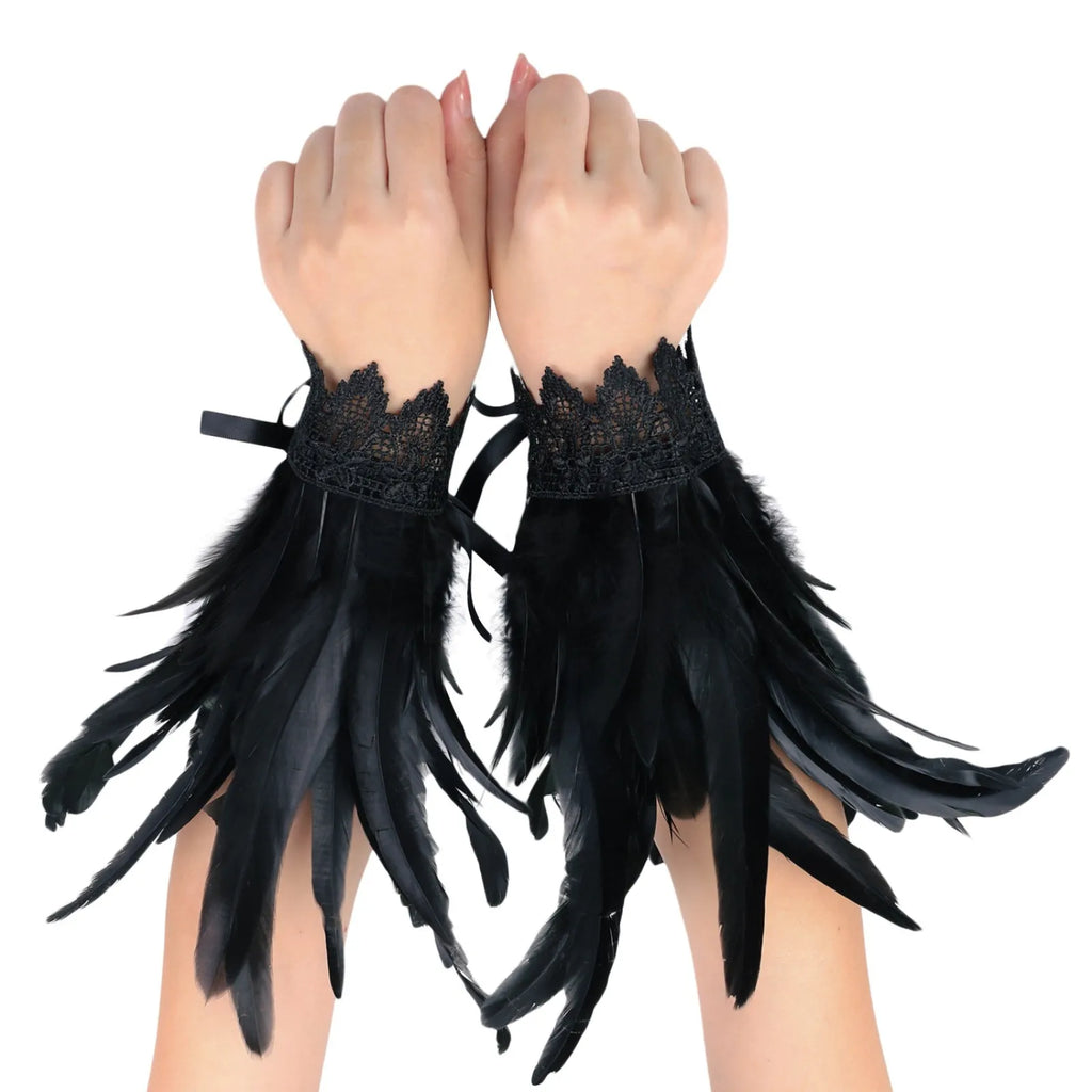 Black Feather Wrist Cuffs – Gothic Punk Halloween Costume Costume Wrist Cuffs Babs