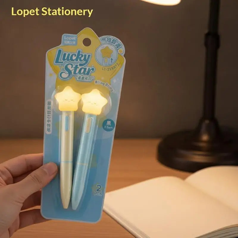 2-Pack Lucky Star Light-Up Gel Pens | Cute Retractable 0.5mm Novelty Gel Pens Babs