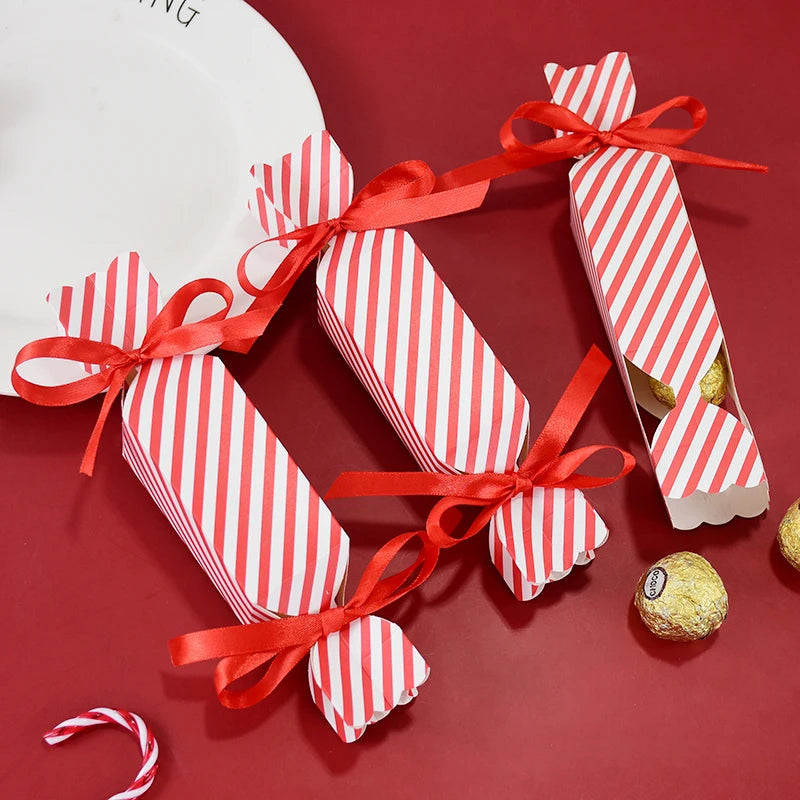 Christmas Red Candy Boxes with Ribbons – 10/50pcs Gift Bags Holiday Gift Box Babs Red Stripe 30Pcs
